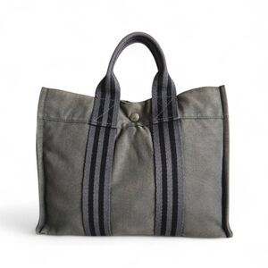 Hermes Vintage Fourre Canvas PM Tote Bag in Gray and Black